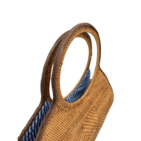 Anthropologie Veld Raffia Handbag Purse Tote Bag Blue White Lining - Picture 6 of 10